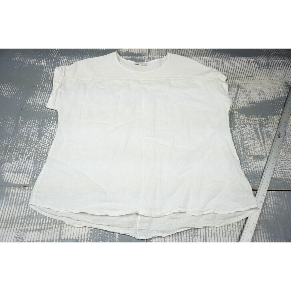 Bellabra top womens XL ivory linen short sleeve contrast fabric loose fit resort